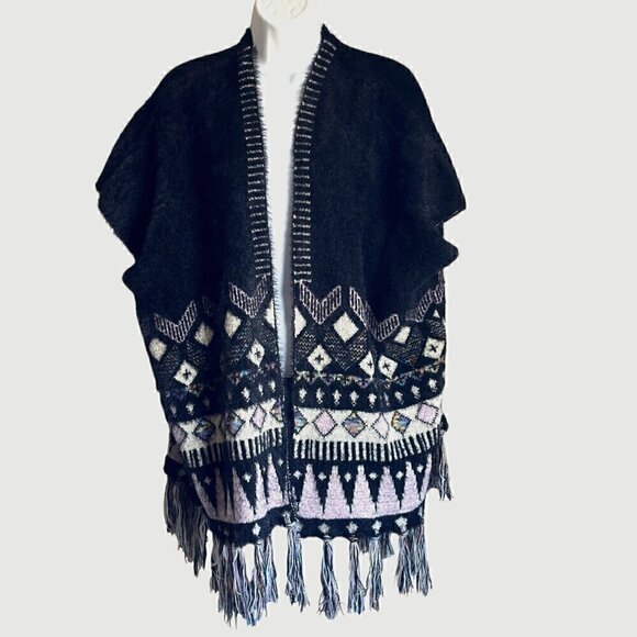 Desheng Black Patterned Multicolor Fair Isle Cardigan/Poncho/Wrap - Size - OS - Picture 1 of 8